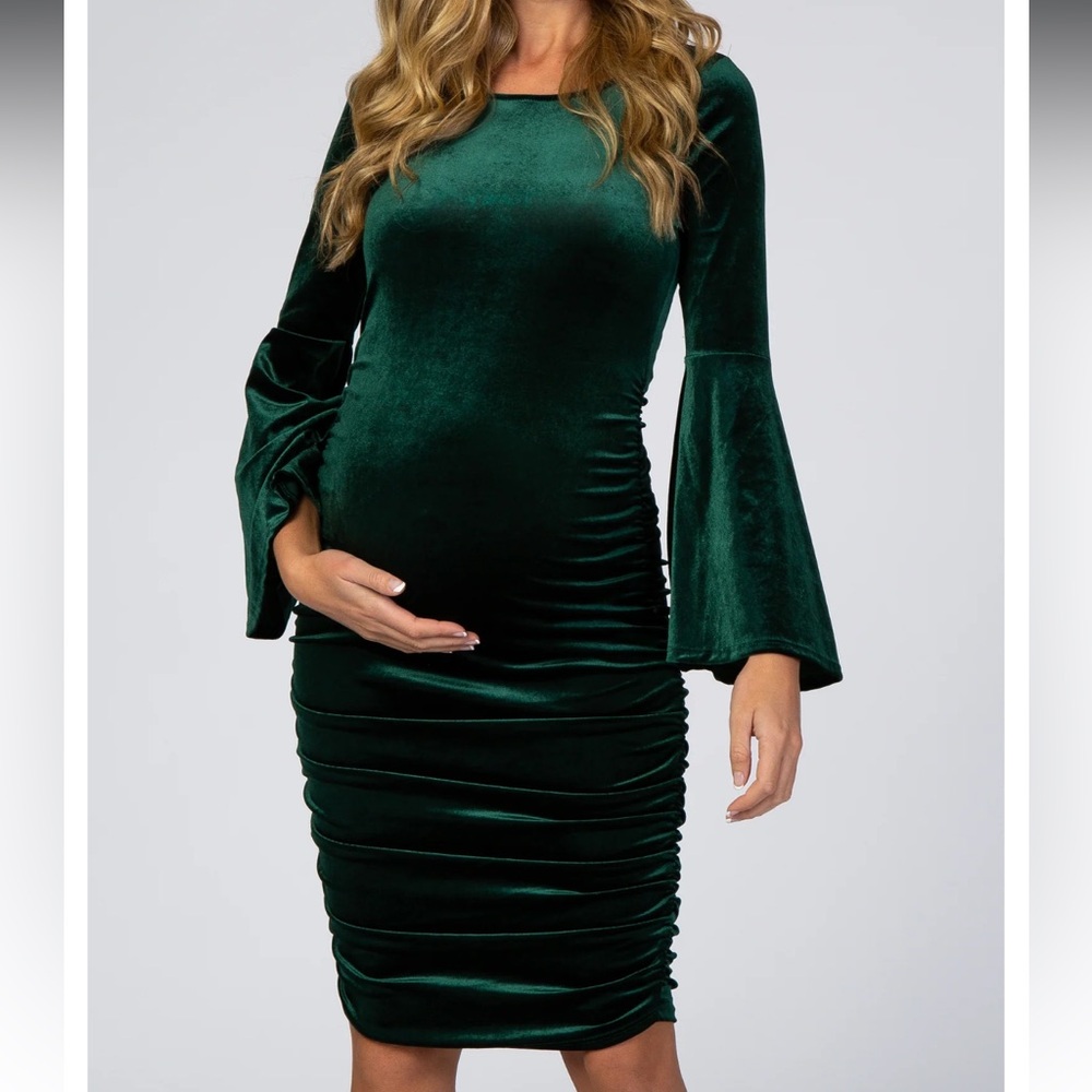 Pink Blush-Forest Green Velvet Ruched Bell Sleeve Maternity Dress-MED - Picture 1 of 5